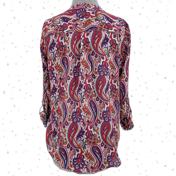 Liz Claiborne Paisley Floral Jewel Tone Blouse Fall Print Roll Up Sleeves Size S - Picture 2 of 12